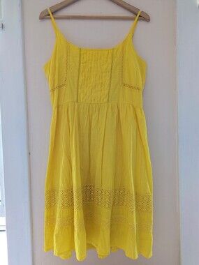 Yumi Bright Yellow Summer Dress Fit And Flare Cotton Spaghetti Straps Large